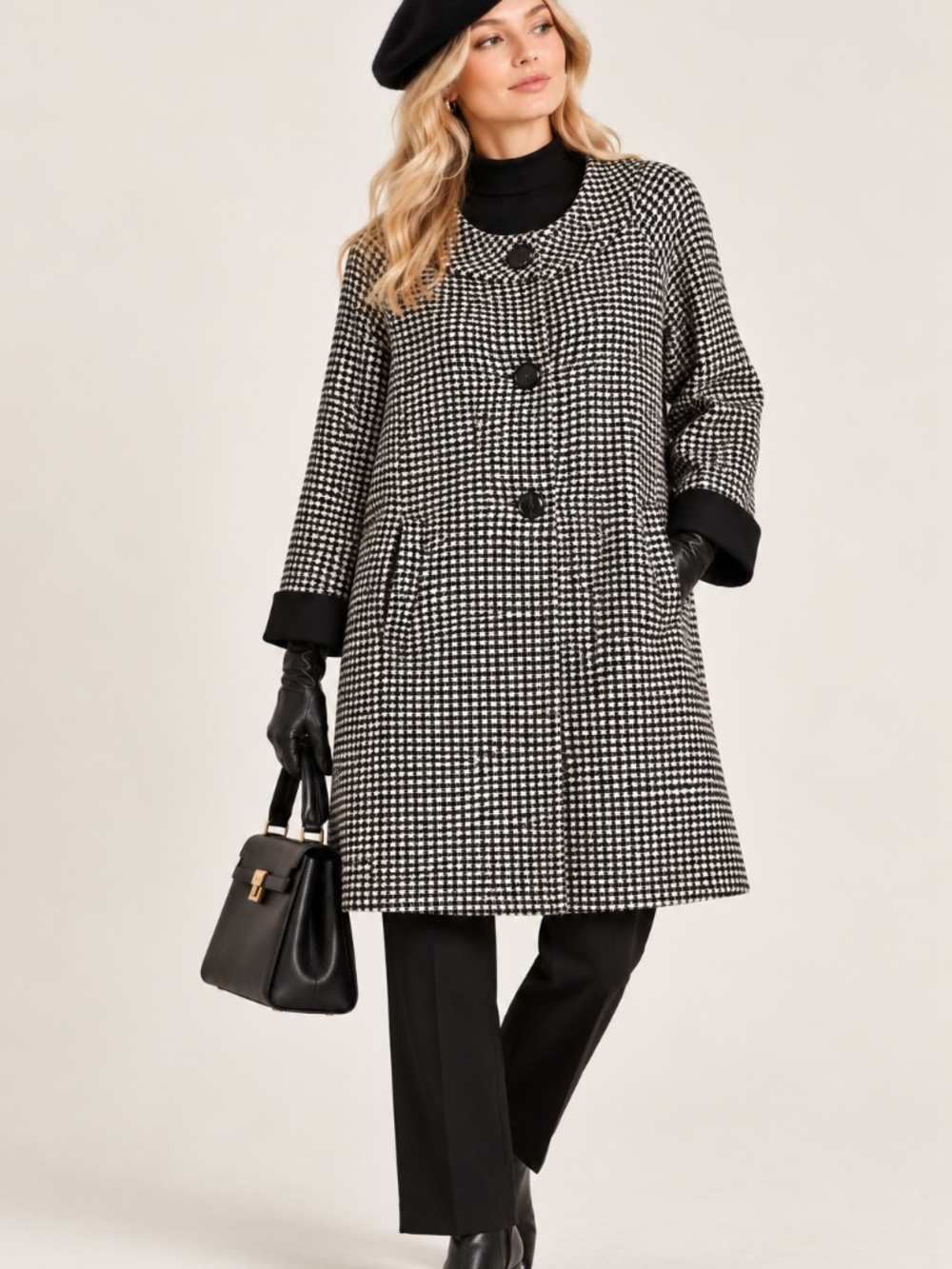 D. Exterior Italian Wool Black & White Houndstooth Swing Coat Jacket Size S/M